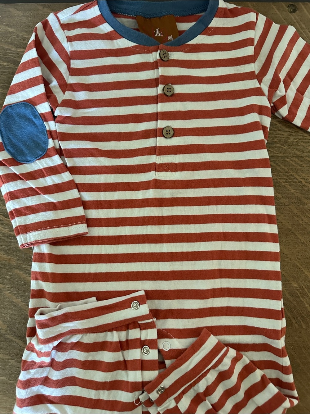 Millie Jay Striped Red & Cream Pajama Set with Blue Elbow Patch